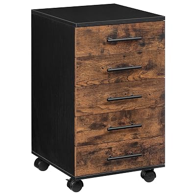 HOOBRO 5-Drawer File Cabinet, Office Filing Cabinet with Drawers, Wooden Mobile Storage Cabinet with Wheels, for Makeup, Home Office, Easy Assembly, Rustic Brown BF05WJ01G1