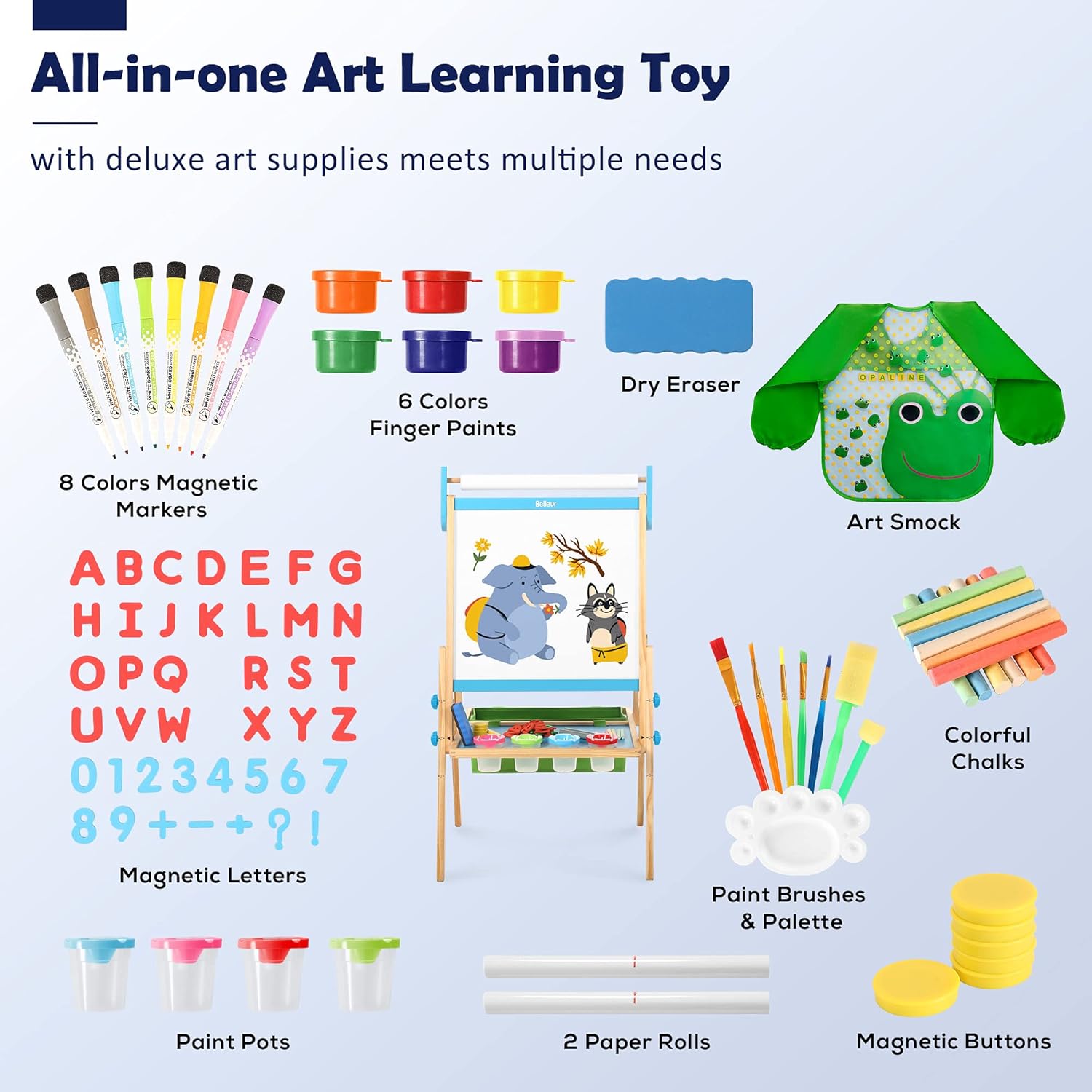 Belleur All-in-one Kid Easel Including 2 Paper Rolls, Magnetic Letters, 6 Finger Paints, 8 Colors Markers, Deluxe Standing Art Easel with Magnetic Chalkboard & Whiteboard, Easy to Adjust Height - Blue: Home & Kitchen