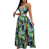 EOSIEDUR Women's Chiffon Bohemian Floral Printed 2 Piece Sets Crop Cami Top & Split Beach Party Maxi Dress