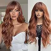topshe Ombre Auburn Wig with Bangs Long Curly Wigs for Women Heat Resistant Synthetic Colored Wigs Natural Looking Wavy Hair 26 Inch Daily Party & Cosplay Use