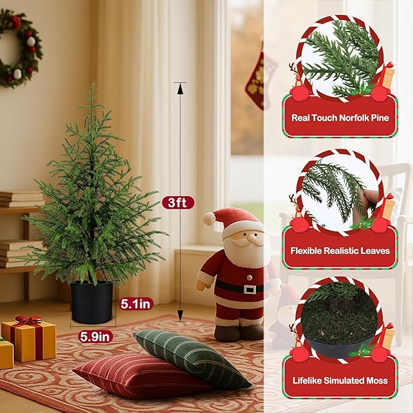 ENVEN NORFOLK PINE CHRISTMAS TREE REAL TOUCH FAUX HOLIDAY TREE WITH POT, REALISTIC INDOOR OUTDOOR DECORATION FOR ENTRYWAY, LIVING ROOM, OFFICE, APARTMENT (3FT-1PACK)