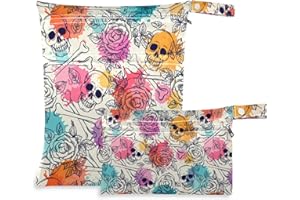 visesunny Skull and Rose Colorful Splash 2Pcs Wet Bag with Zippered Pockets Washable Reusable Roomy for Travel,Beach,Pool,Daycare,Stroller,Diapers,Dirty Gym Clothes, Wet Swimsuits, Toiletries