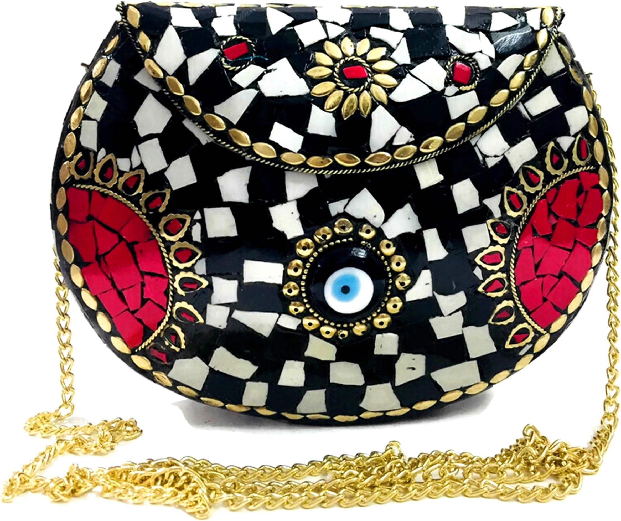 feng shui Eye stone mosaic metal bag antique ethnic bridal clutch Indian purse party clutch women bag
