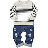 CARETOO Toddler Baby Boy Clothes Long Sleeve Sweatshirt Top Ripped Jeans Pants Set Infant Fall Winter Outfits 1-5T