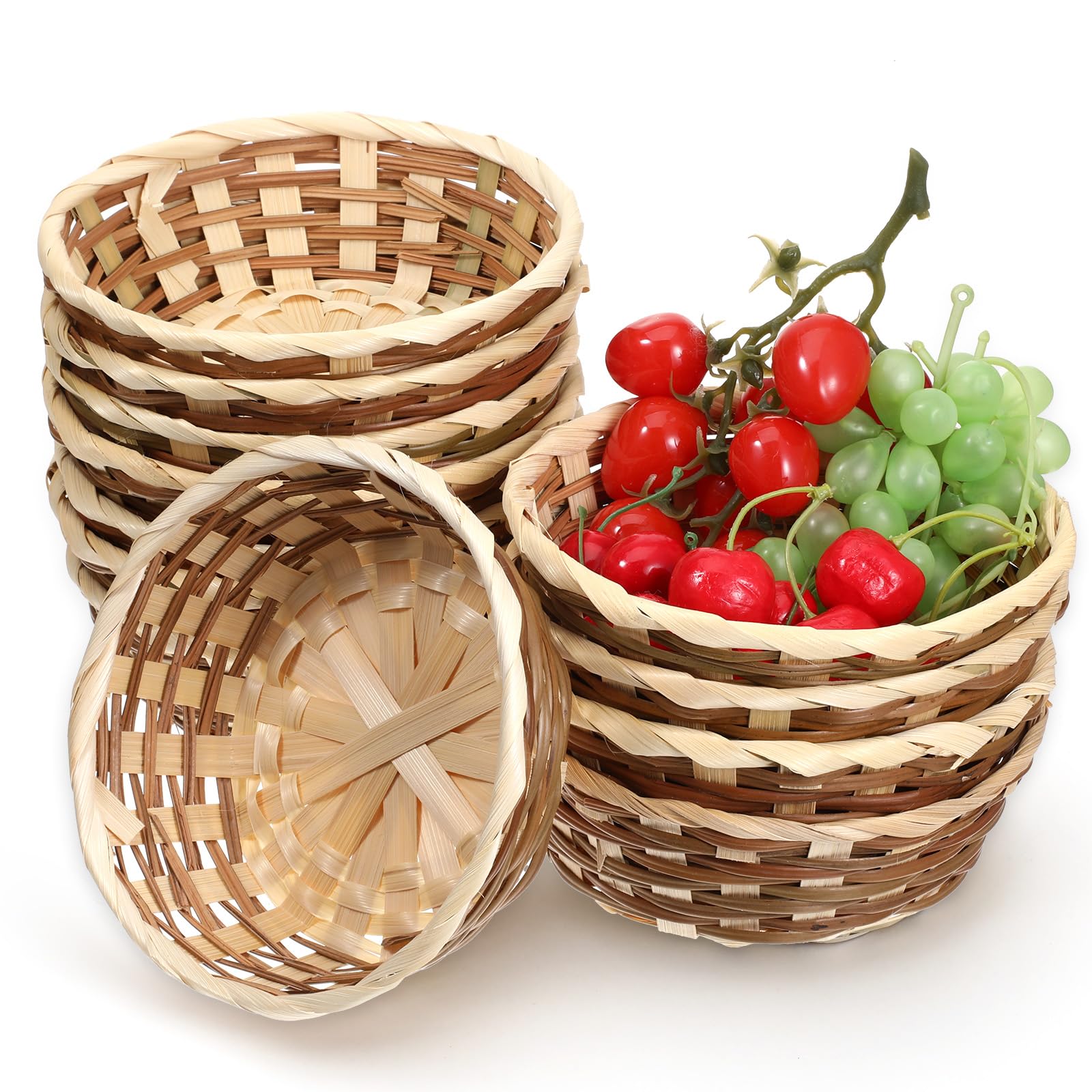 View 1 of 12 Pack Round Gift Baskets, 6.7" Natural Bamboo Woven Fruit Basket, Bamboo Bread Fruit-Basket Food Storage Serving Basket for Kitchen, Restaurant, Centerpiece Display, Party, Wedding