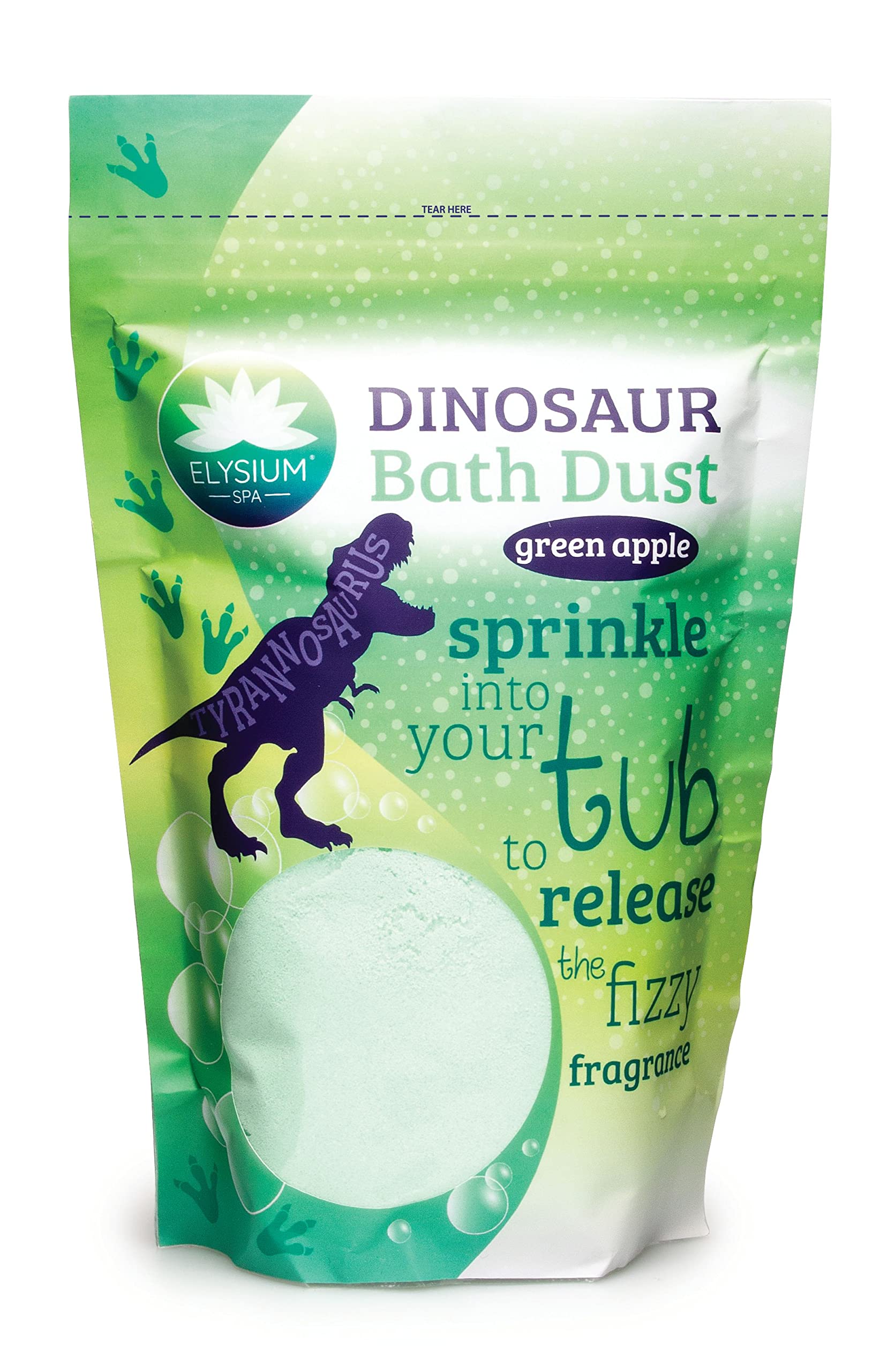 Elysium Spa Dinosaur Bath Dust | Green Apple Scented Fizzing Bath Salt Resealable for Children, Boys and Girls (400g)