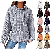 Bakgeerle Comfort Hoodies for Women Waffle Casual Long Sleeve Pullover Loose Fit Hooded Sweatshirt with Kangraoo Pocket