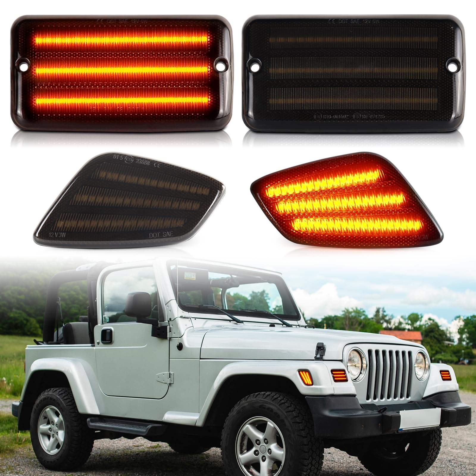 Photo 1 of Front Fender LED Turn Signal Marker Lights for Jeep Wrangler TJ 1997 1998 1999 2000 2001 2002 2003 2004 2005 2006, Smoked Lens Amber DRL Parking Light Assembly 4PCS