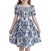 HIGHUZZA Girls Summer Dresses Smocked Tween Back to School Puff Sleeve Casual Sundress with Pockets for 7-12 Years