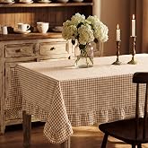 Mindsoft Brown Gingham Ruffled Tablecloth, 60 x 84 Inches, Rectangle | Decorative Checkered Plaid Tablecloth, Washable Cotton Polyester, Vintage Farmhouse Table Cover for Picnic Dining Party Decor