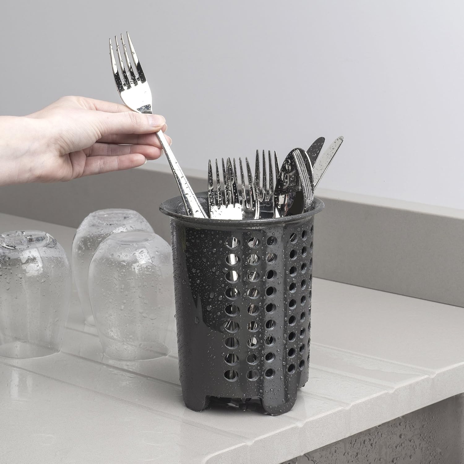 Zeal G231T Melamine Cutlery Drainer/Utensil Pot Dark Grey, 14 x 14 x 17 cm - Image 3