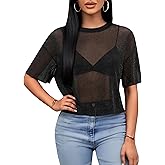 Remidoo Womens Sheer Mesh Tops Short Sleeve Crop Top Crewneck Loose T Shirt