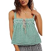 Women Y2k Plaid Tank Top Spaghetti Strap Peplum Camisole Sleeveless Tie Front Ruffle Hem Cami Top Streetwear