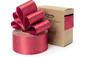 Keypan Christmas Ribbon Wired Red Satin Ribbons 1-1/2 Inch Double-Faced Gold Glitter for Tree Decoration, Wreath, Gift Wrapping, Home Decor 10 Yards