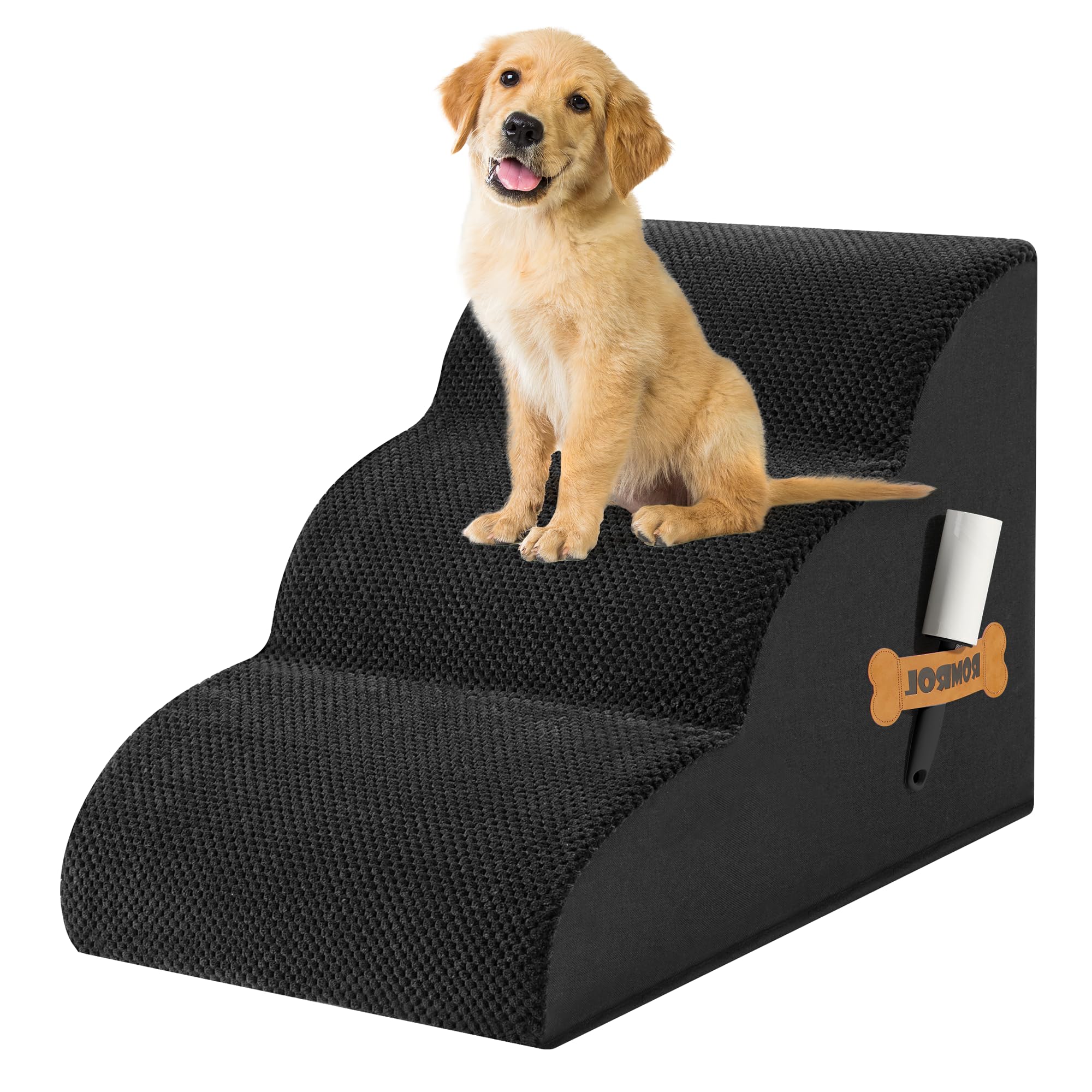 Photo 1 of Romrol Dog Stairs Ramp for High Beds Couches, High Density Foam Pet Steps with Durable Non-Slip Waterproof Fabric Cover, Dog Stairs for Small Dogs or Cats or Pets, 3-Step,15 Inch,Black