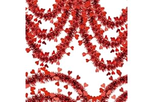 FLYSNK 50 Feet Valentines Day Tinsel Garland Decor, Valentine Heart Tinsel Garlands Red Heart Hanging Garland, Valentine's Day Decorations for Indoor Outdoor Home Wedding Party Mantel Table