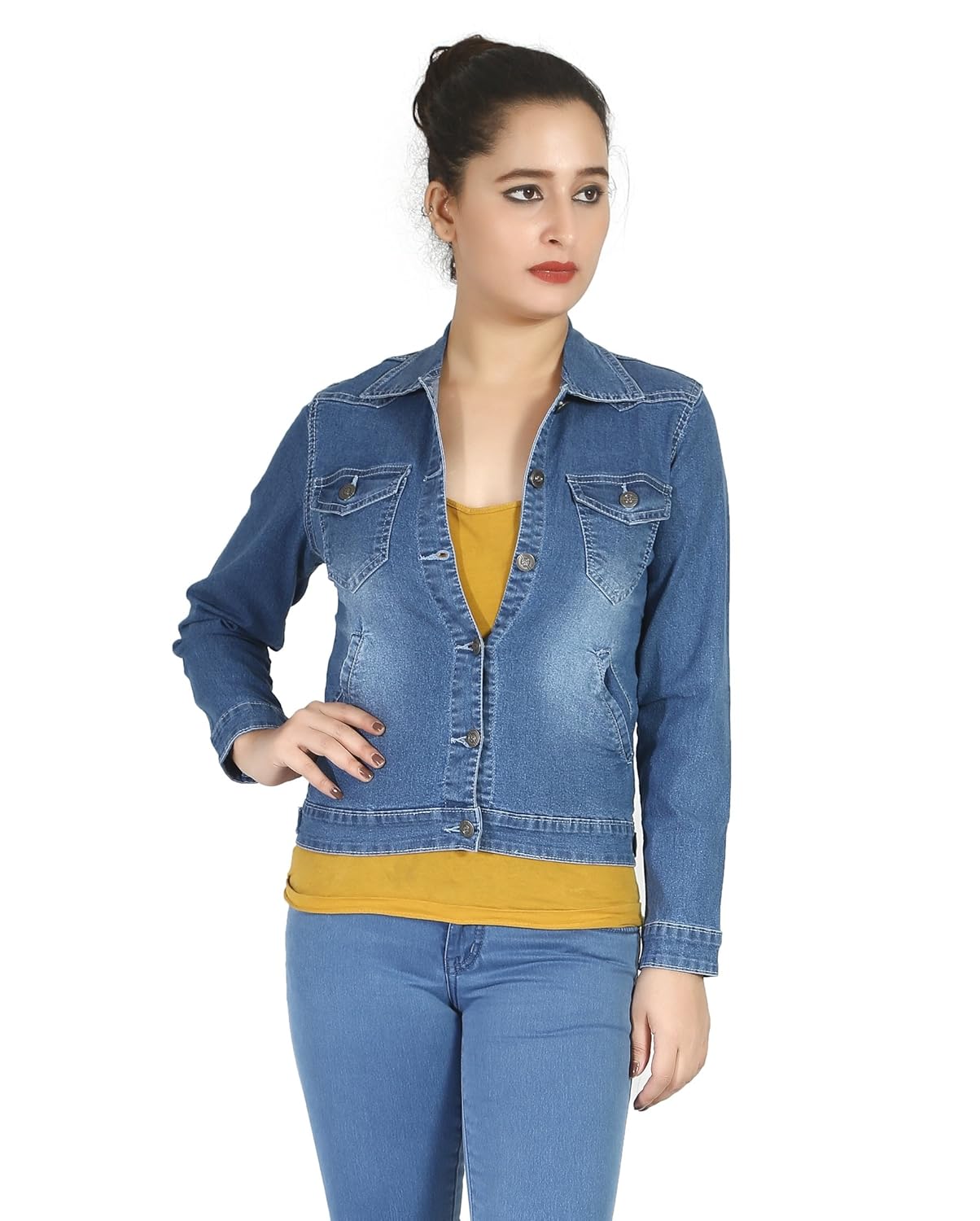fck-3 women's stylish full sleeves stretchable denim jacket