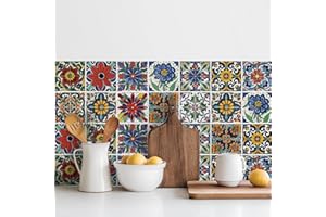 MEIHEA 30 Pcs Mediterranean Style Peel and Stick Wall Tile Decals - Waterproof Vinyl Stickers for Kitchen Backsplash, Bathroom, Stair Riser Decor - Spanish Floral Pattern - 4x4 Inch