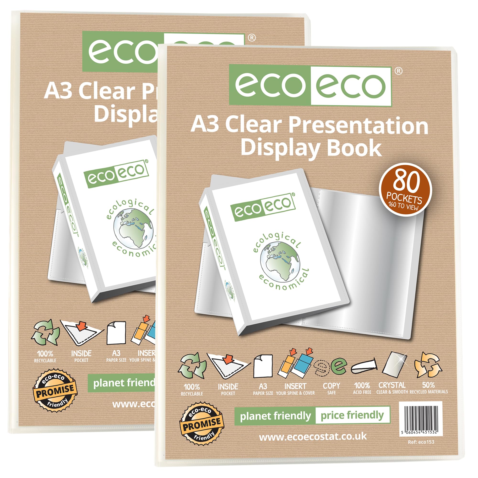 eco-eco A3 Size 50% Recycled 80 Pockets Clear Presentation Display Book, Storage Case Portfolio Art Folder with Plastic Sleeves, Pack of 2 eco153x2