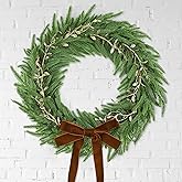 Stranthother Vintage 17 inch Christmas Norfolk Pine Wreath,Realistic Greenery Christmas Wreath with Brown Velvet Bows and Gold Leaves,Evergreen Xmas Wreaths for Front Door Cabinet Window Decoration