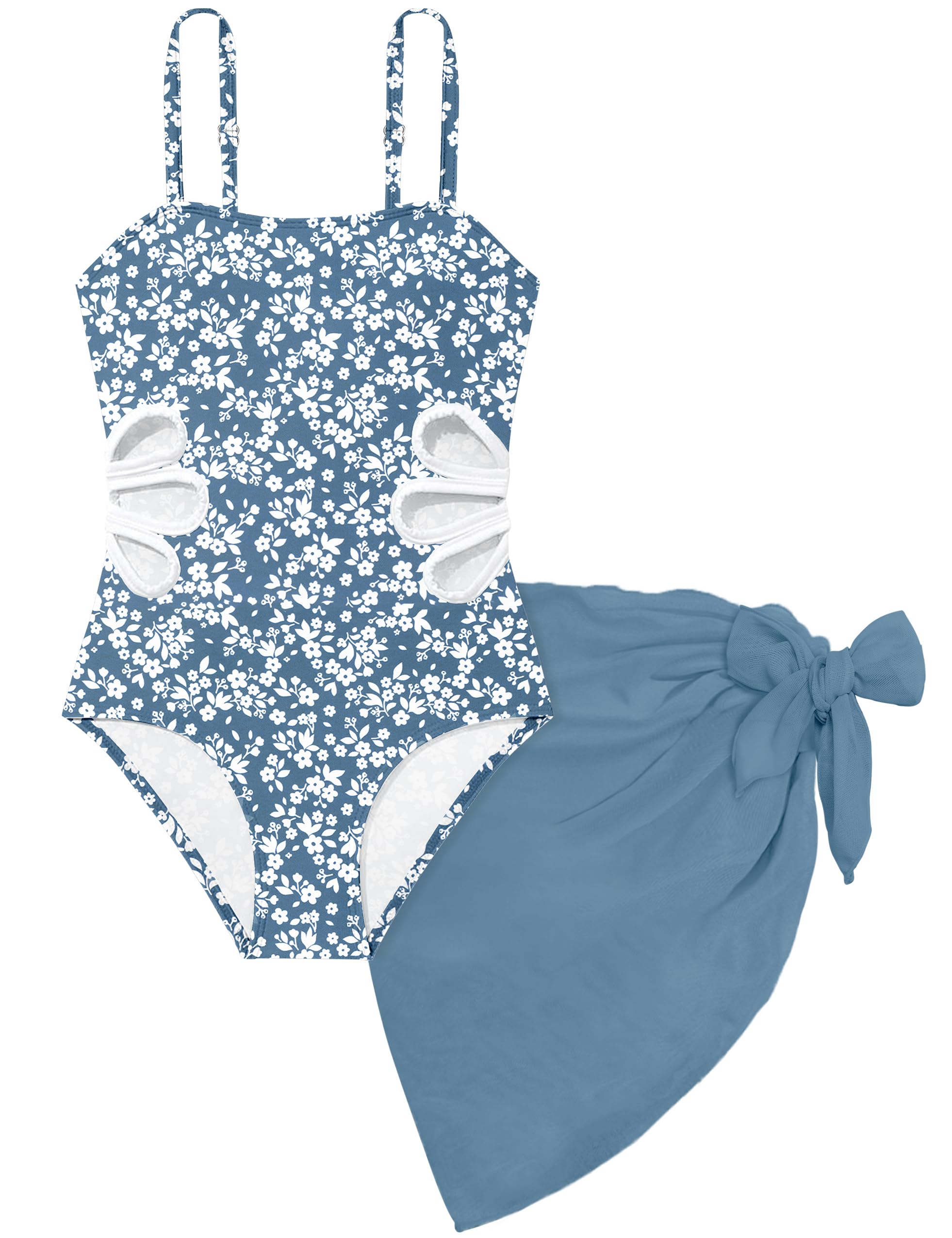 Photo 1 of TALLWH Girl Swimsuit Bathing Suits Size 8-10 Printed Adjustable Straps Cut Out One Piece Swimsuit with Solid Color Cover Up Skirt Girls' Swimwear