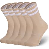 Ultrafun 5 Pairs Striped Crew Socks Cotton Cushioned Athletic Sports Running Socks for Men Women Teens