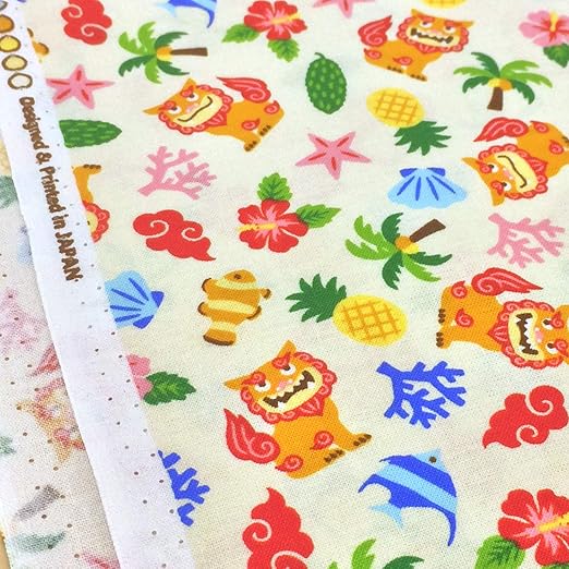 Amazon 沖縄柄 生地 シーサー パイナップル クリーム 琉球 シーチング 布 布地 手芸 1ｍ単位 布 生地 通販