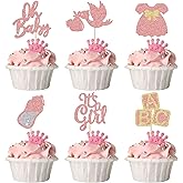 24Pcs Baby Shower Oh Baby Cupcake Toppers Rose Gold Glitter Bow Dress Bottle Swan It's a Girl Cake Picks Decorations for Baby Shower Gender Reveal Girls Birthday Party Supplies