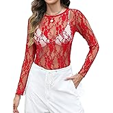 LOMON Womens Mesh Tops Lace Shirts Long Sleeve Crew Neck Sexy See Through Blouses Tee Party Club Night