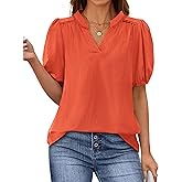 PRETTYGARDEN Womens Casual Summer Tops 2025 V Neck Short Puff Sleeve Pleated Cotton T Shirts Loose Dressy Blouses