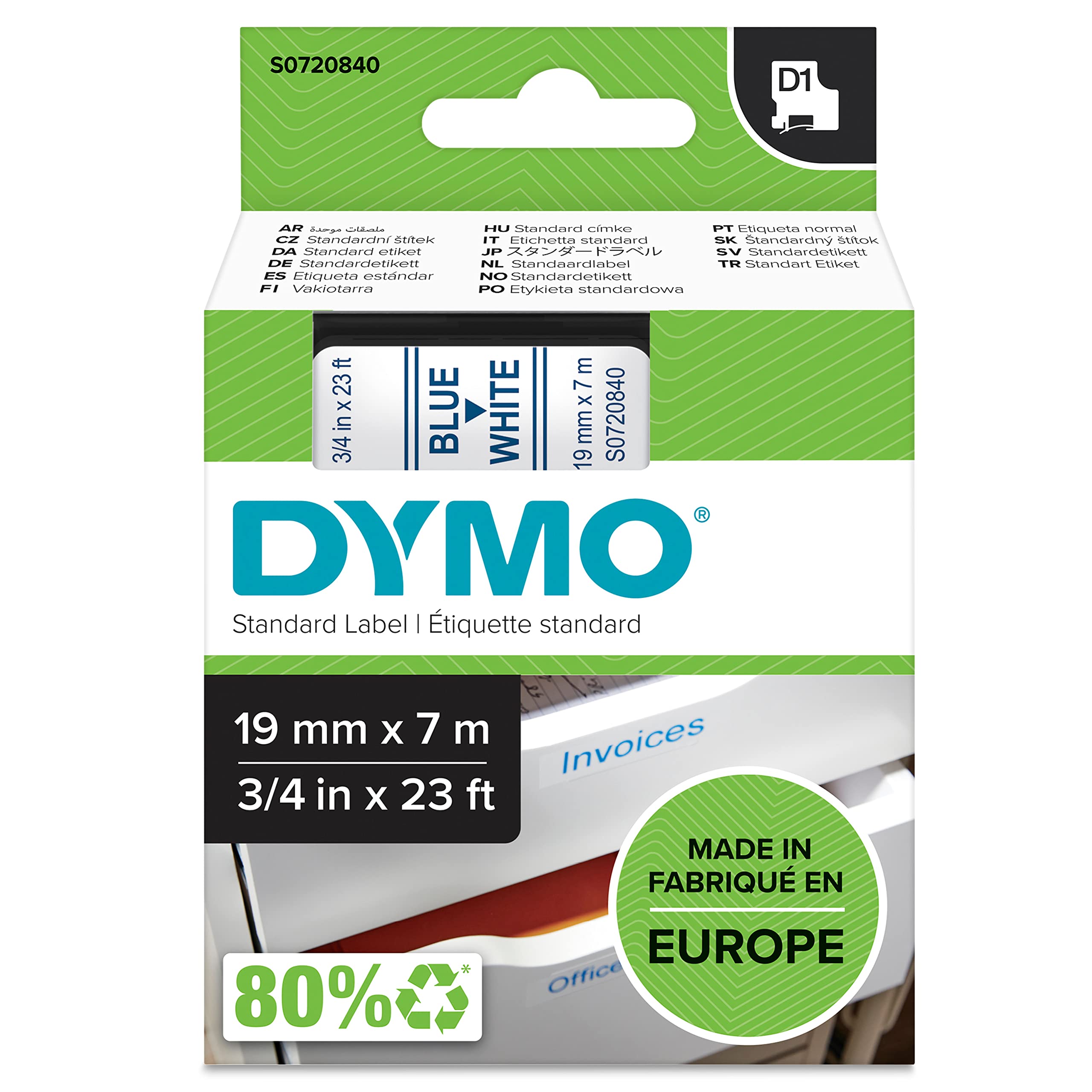 Dymo D1 Standard Labelling Tape 19mm x 7m - Blue on White