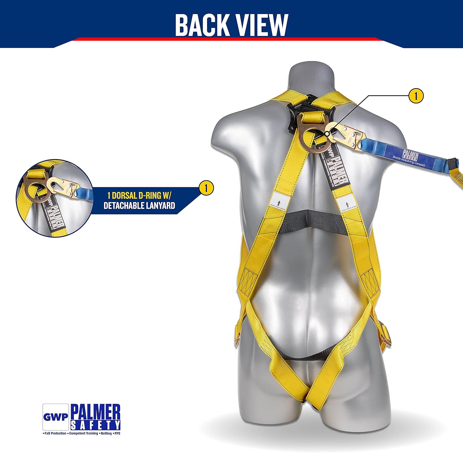 Palmer Safety Fall Protection Safety Harness w/Detachable 6' Single Leg Lanyard I EXTERNAL Shock Absorber Lanyard I OSHA/ANSI Fall Arrest Kit I Ideal for Industrial & Construction Use (Yellow - 1pk) - - 