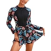 ABAFIP Women's Swimdress with Boy Shorts Rash Guard Long Sleeve Swimsuit Modest Zipper Bathing Suit Swimwear
