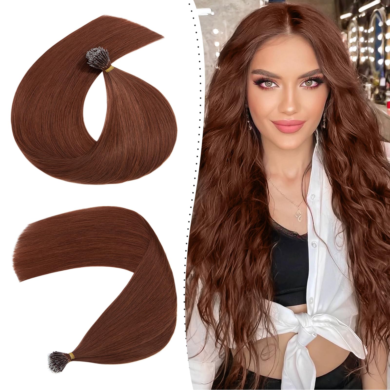 Nano Ring Hair Extensions 16inch 1g/s Pre Bonded 50g Nano Tip Bondings 100% Real Remy Human Hair #33 Dark Auburn With Nano Beads Cold Fusion 50 Strands