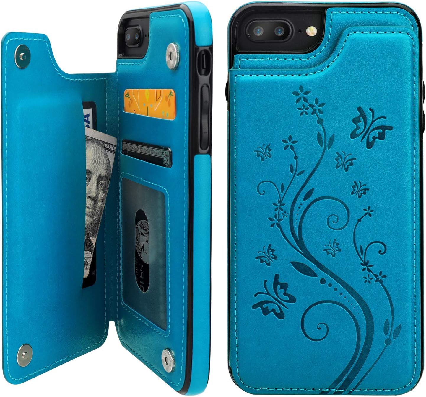 Vaburs iPhone 7 Plus iPhone 8 Plus Case Wallet with Card Holder, Embossed Butterfly Premium PU Leather Double Magnetic Buttons Flip Shockproof Protective Cover for iPhone 7/8 Plus Case(Blue)