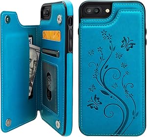 Vaburs iPhone 7 Plus iPhone 8 Plus Case Wallet with Card Holder, Embossed Butterfly Premium PU Leather Double Magnetic Buttons Flip Shockproof Protective Cover for iPhone 7/8 Plus Case(Blue)