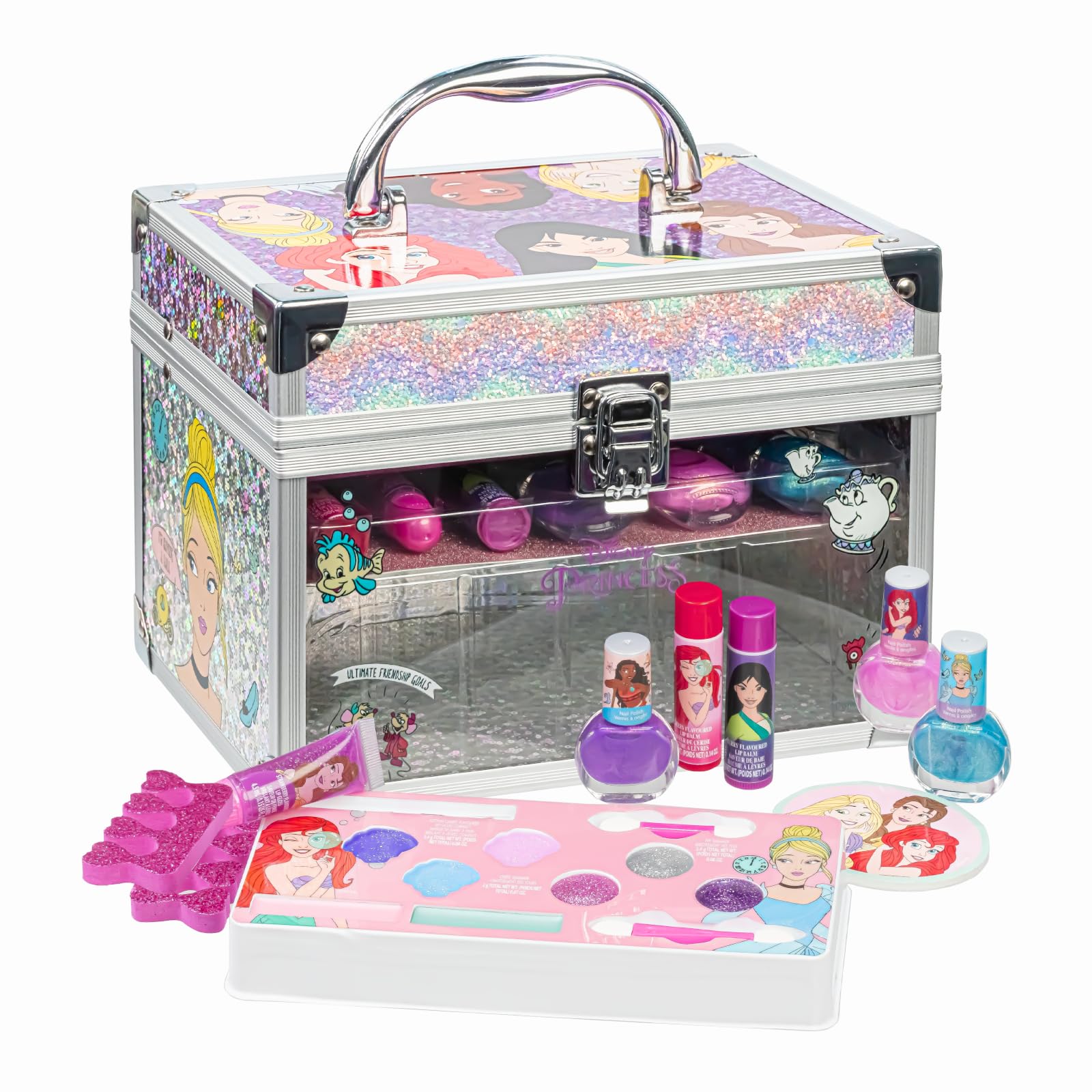 Disney Princess Train Case Makeup Set for Kids | Makeup Kit Includes Lip Gloss, Nail Polish, Accessories & more | Gifts for Ages 3+ by Townley Girl
