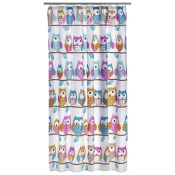 axentia Duschvorhang mit Eulen-Motiv bunt - Badvorhang gemustert für Dusche & Badewanne - Bad-Vorhang wasserabweisend mit 12 