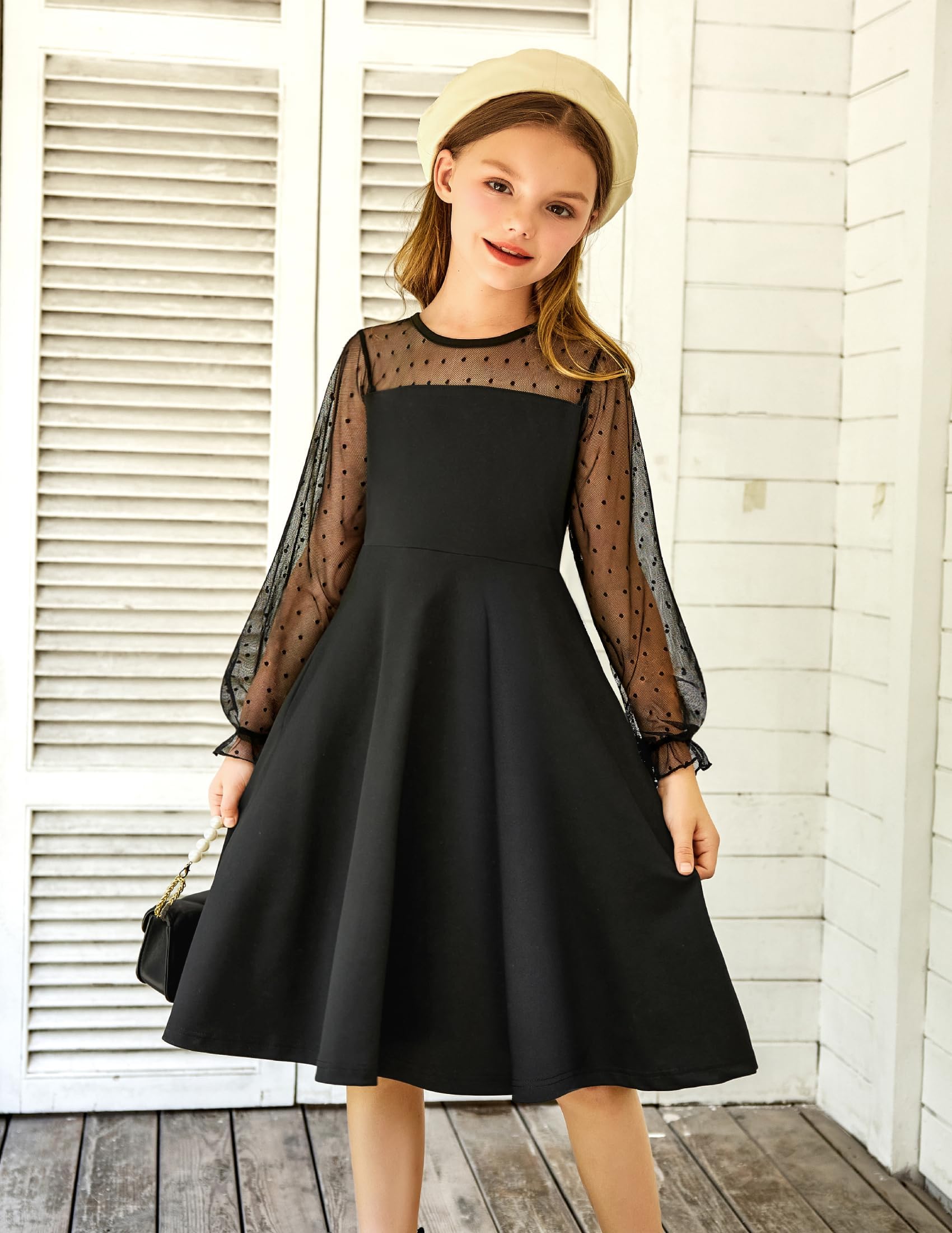 Arshiner Girl's Contrast Mesh Puff Long Sleeve High Waist A Line Short Dress with Pockets for 6-13 Years