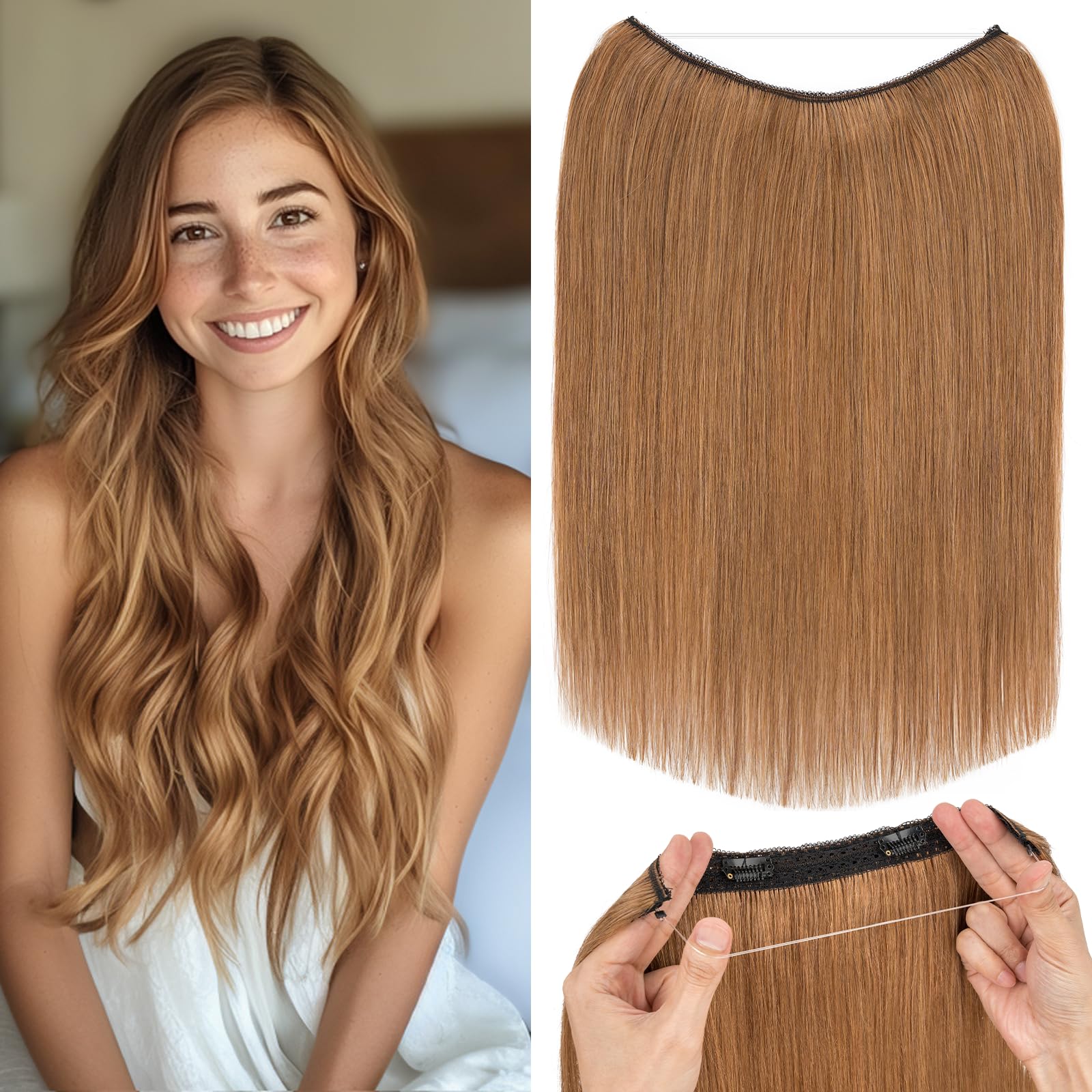 Rich Choices Clip in Hair Extensions Real Human Hair Halo 18 Inch Halo Hair Extension Invisible Wire Hair Straight Remy Seamless One Piece Clips in Hair, 65g #6 Light Brown — image 1