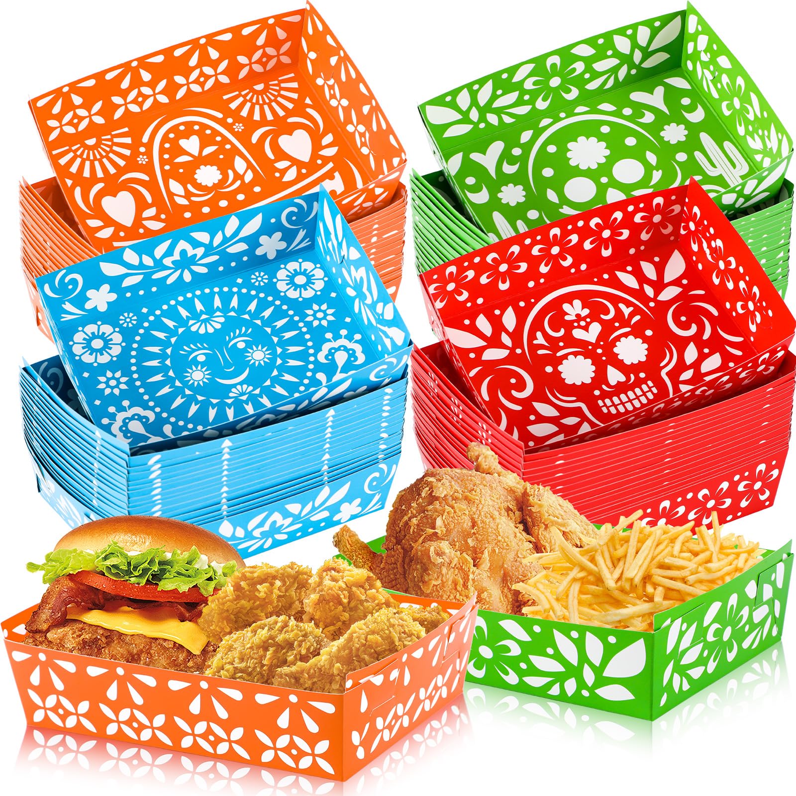 Photo 1 of 100Pcs Mexican Nacho Trays, Disposable Fiesta Party Snack Trays Taco Boats Paper Food Serving Plates for Mexican Fiesta Birthday Party Supplies (Requires Assembly)