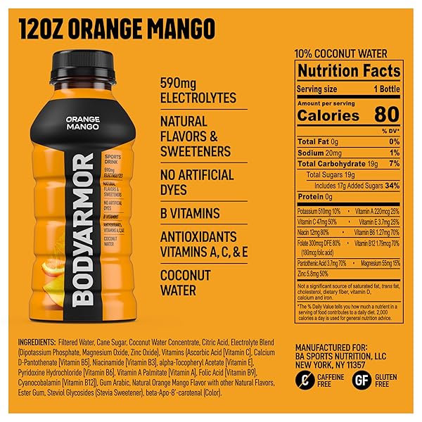 BODYARMOR SPORTS DRINK SPORTS BEVERAGE, ORANGE MANGO, COCONUT WATER HYDRATION, NATURAL FLAVORS WITH VITAMINS, POTASSIUM-PACKED ELECTROLYTES, PERFECT FOR ATHLETES, 12 FL OZ (PACK OF 8)