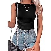 SAUNGKUAI Women's Sleeveless Shirts Mesh Ruched Bodysuit Double Lined Boat Neck Body Suits Going Out Tops Date Outfits