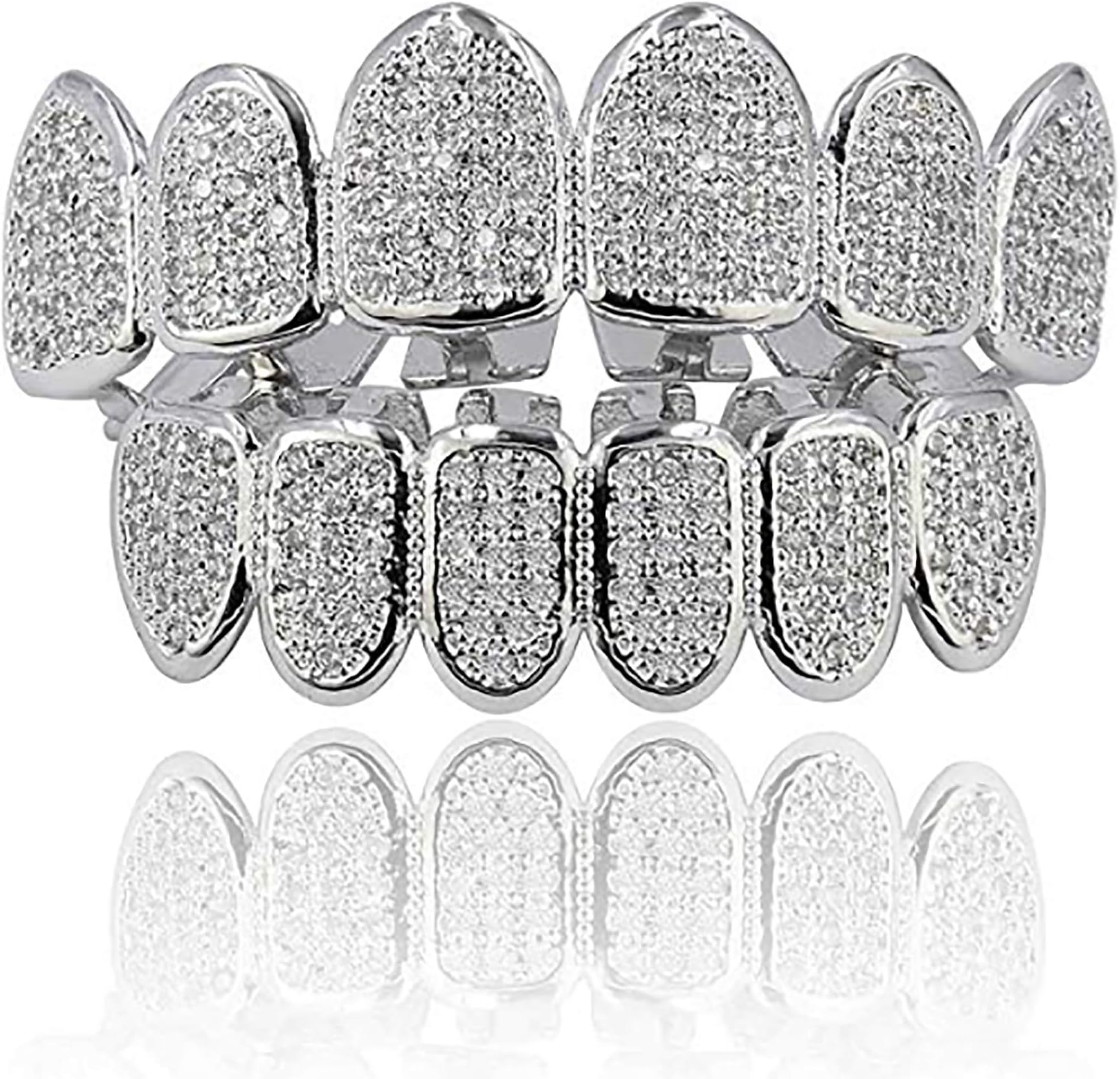18K White Gold Plated CZ Cluster Custom Slugs Top Bottom Grillz Mouth Teeth Grills Set - Grillz, Teeth Cap, Iced Out Grillz (Silver Top & Bottom Set)