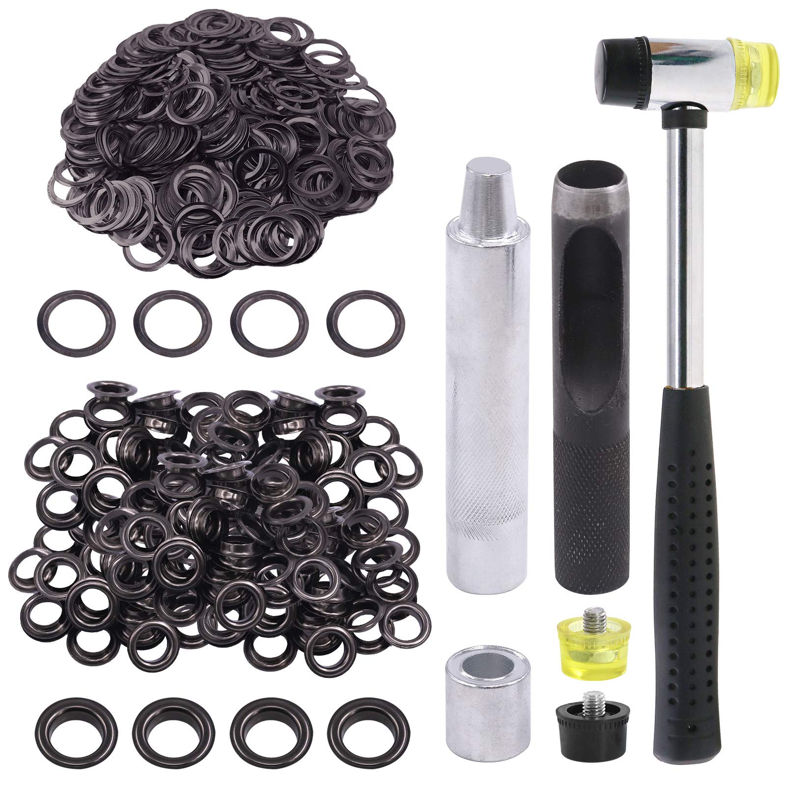 Glarks 124Pcs 1/2 Inch Gun-Black Grommets Eyelets with Tool Sets, 120Pcs Grommets Eyelets with 4Pcs Installation Tools for Fabric, Canvas, Curtain, Clothing, Leather Repair and Decoration