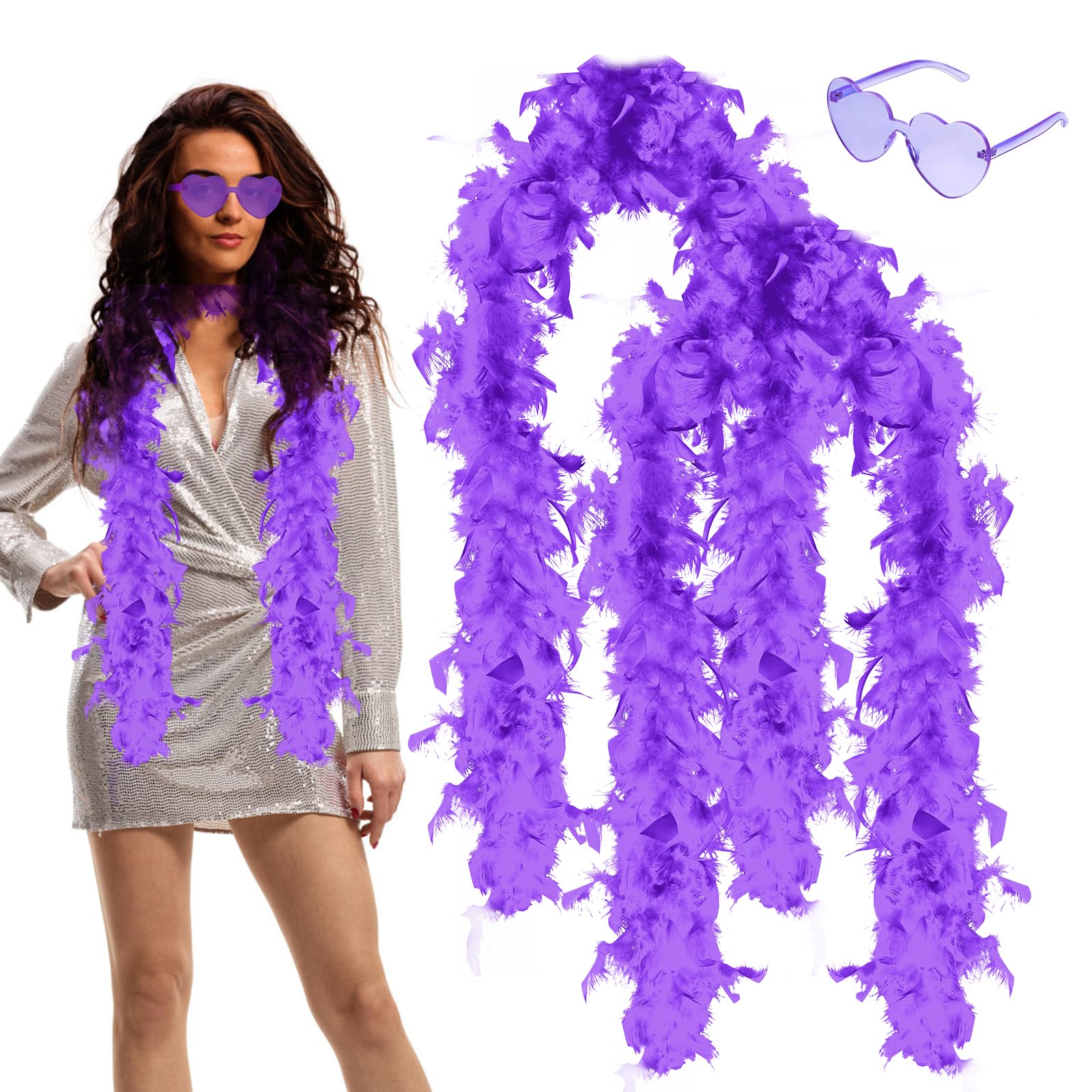 Feather Boas 4 PCS Multipack Feather Boa for Women, 6.6ft/2M Feather Scarf Fancy Dress Fluffy Feather Boa with Heart Rimless Sunglasses for Wedding Dancing Party Halloween Christmas (Purple)