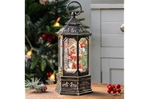 TIJNN 12" Christma Snow Globe Lantern, Glitter hex Music Box, USB and Battery-Powered Decorations (Cardinals' Habitat)