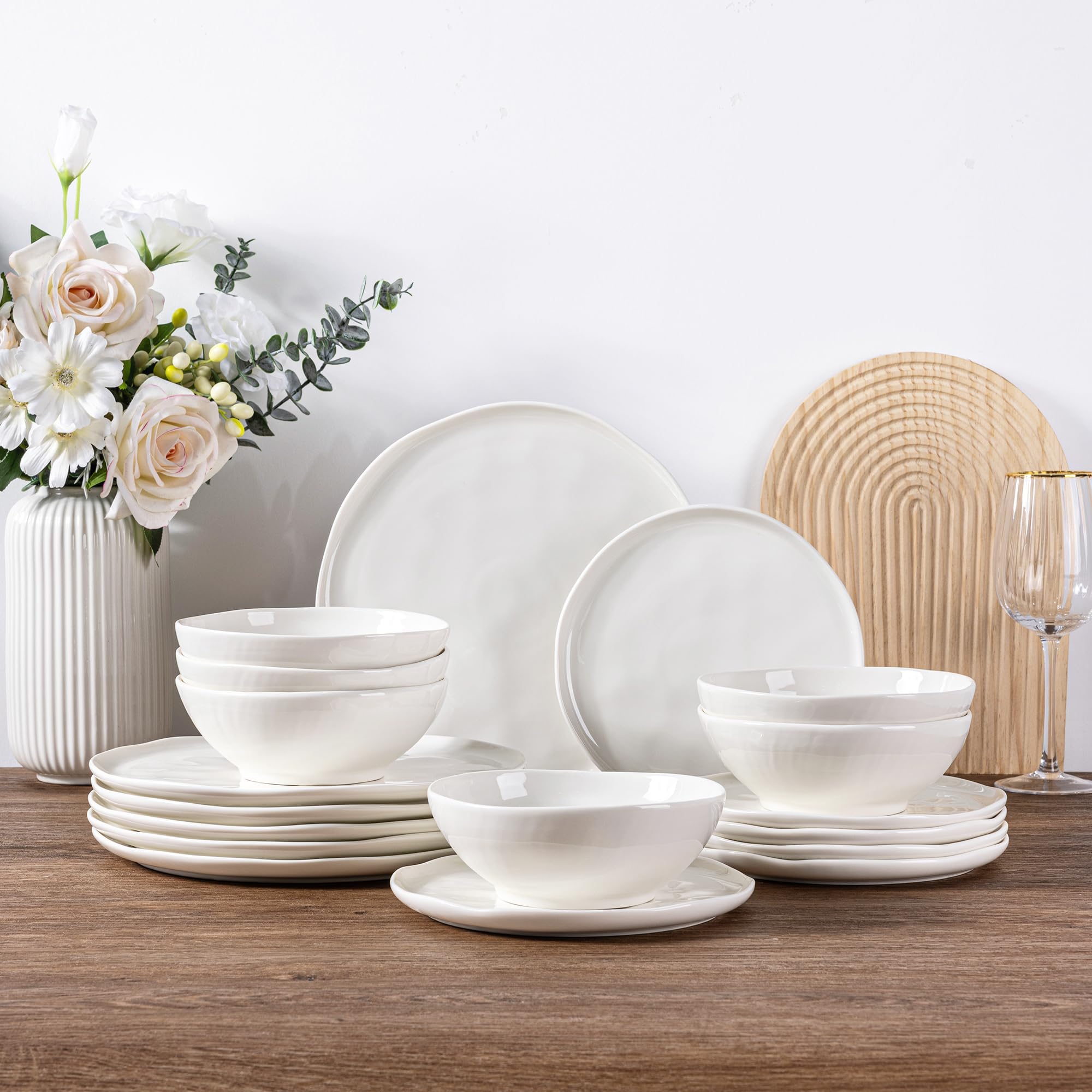Photo 1 of LERATIO Ceramic Dinnerware Sets for 6,Porcelain Plates and Bowls Sets with Wavy Edge, Oven &Microwave & Dishwasher Safe,Light Weight & Scratch Resistant Dishes Sets-Service for 6 (18pcs)-Peal White