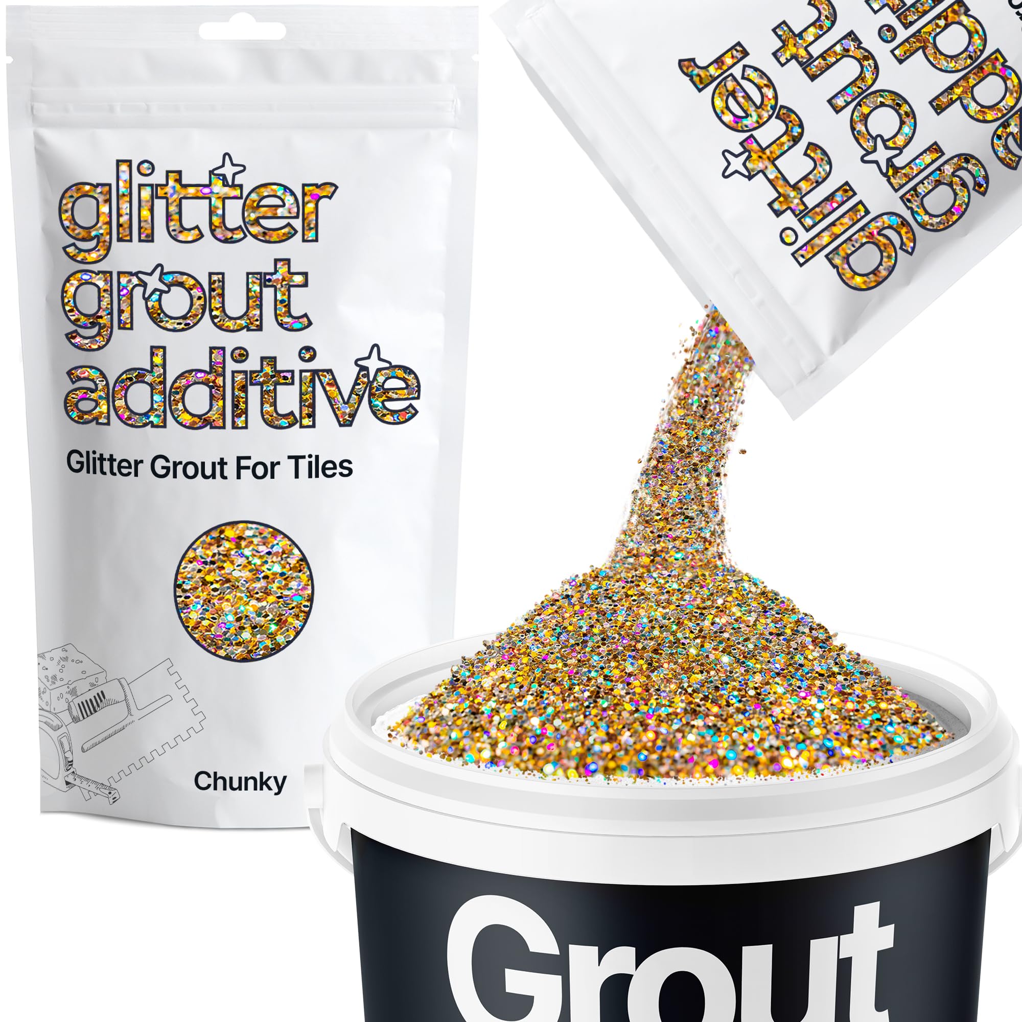 Hemway Gold Silver Holographic Glitter Grout Additive Chunky 100g Metallic Flakes for Adding Sparkle to Kitchen & Bathroom Tiles | Enhance Your Indoor Grouting Projects with a Durable Sparkly Effect