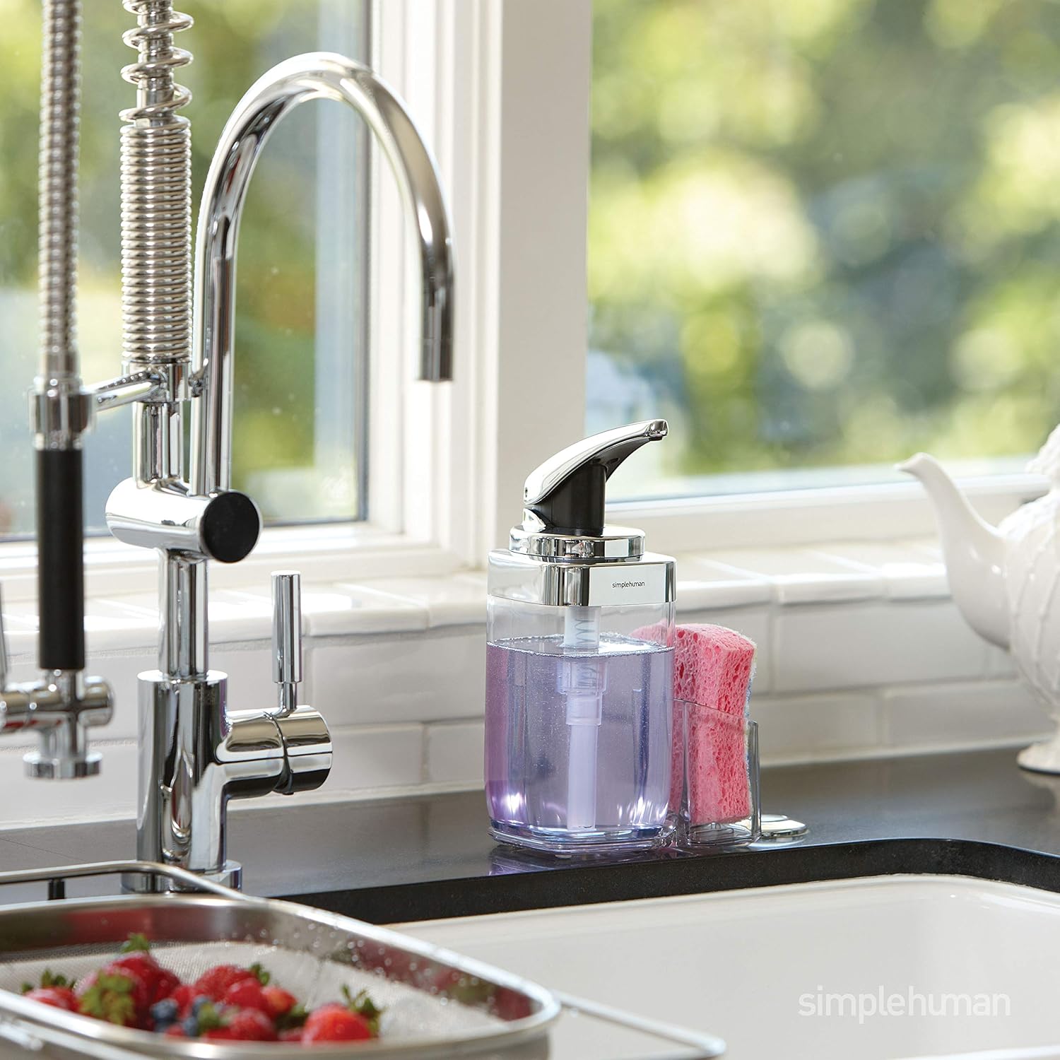 simplehuman 22 oz. Square Push Pump Soap Dispenser with Sponge Caddy, Chrome: Home & Kitchen